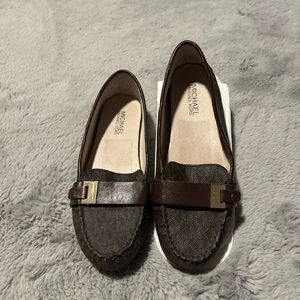 MICHAEL Michael Kors Dark Brown Leather & Fabric Penny Loafers